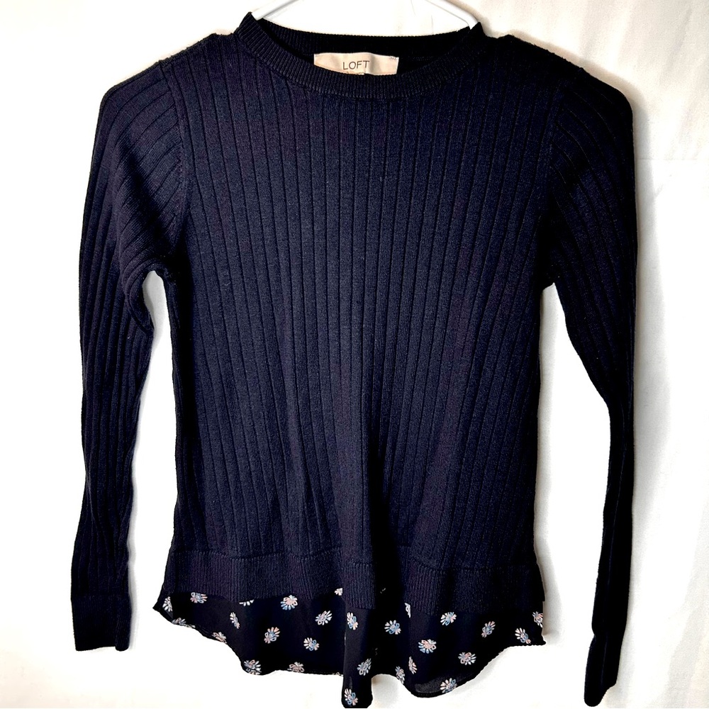 LOFT Dark Blue Ribbed  Floral Hem Long Sleeve Sweater Girl’s Top Size XS